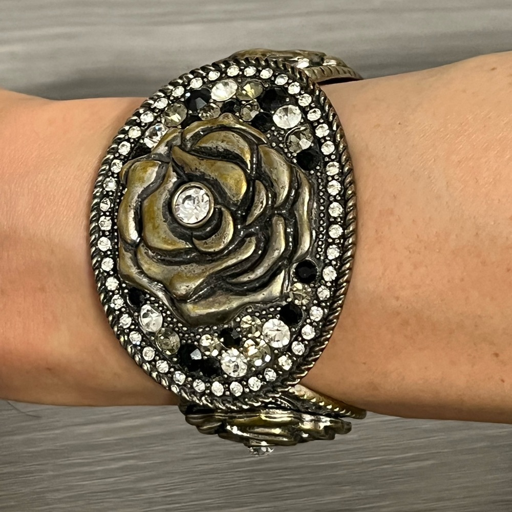 Leather and Bronze Buckle Bracelet with Flowers, Black and White Gemstones - Picture 1 of 10